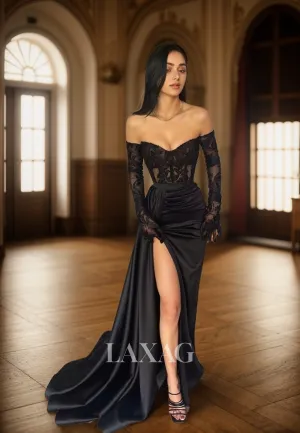 22102 - Sexy V-Neck Long Sleeves Lace Appliques High Slit Prom Dress with Train