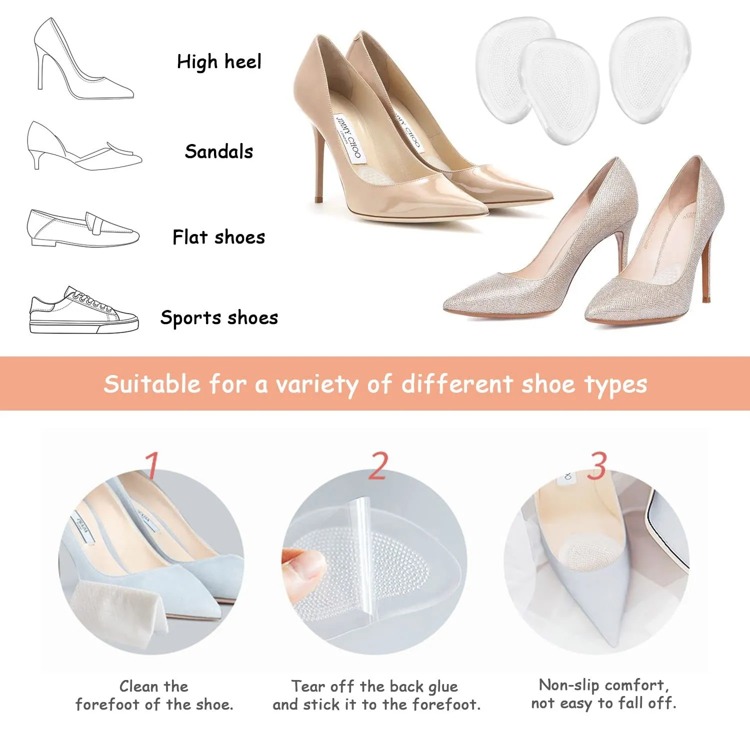 4 Pairs of High Heel Insole, Soft Gel Relieve Metatarsal Pain, Non-Slip Clear Gel Insole, Fits Any Shoes