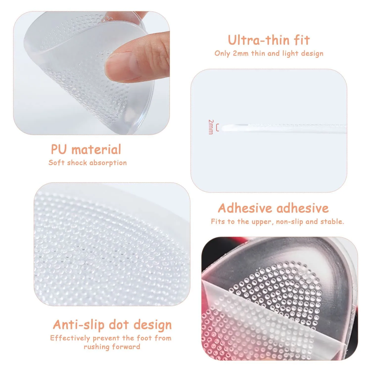 4 Pairs of High Heel Insole, Soft Gel Relieve Metatarsal Pain, Non-Slip Clear Gel Insole, Fits Any Shoes