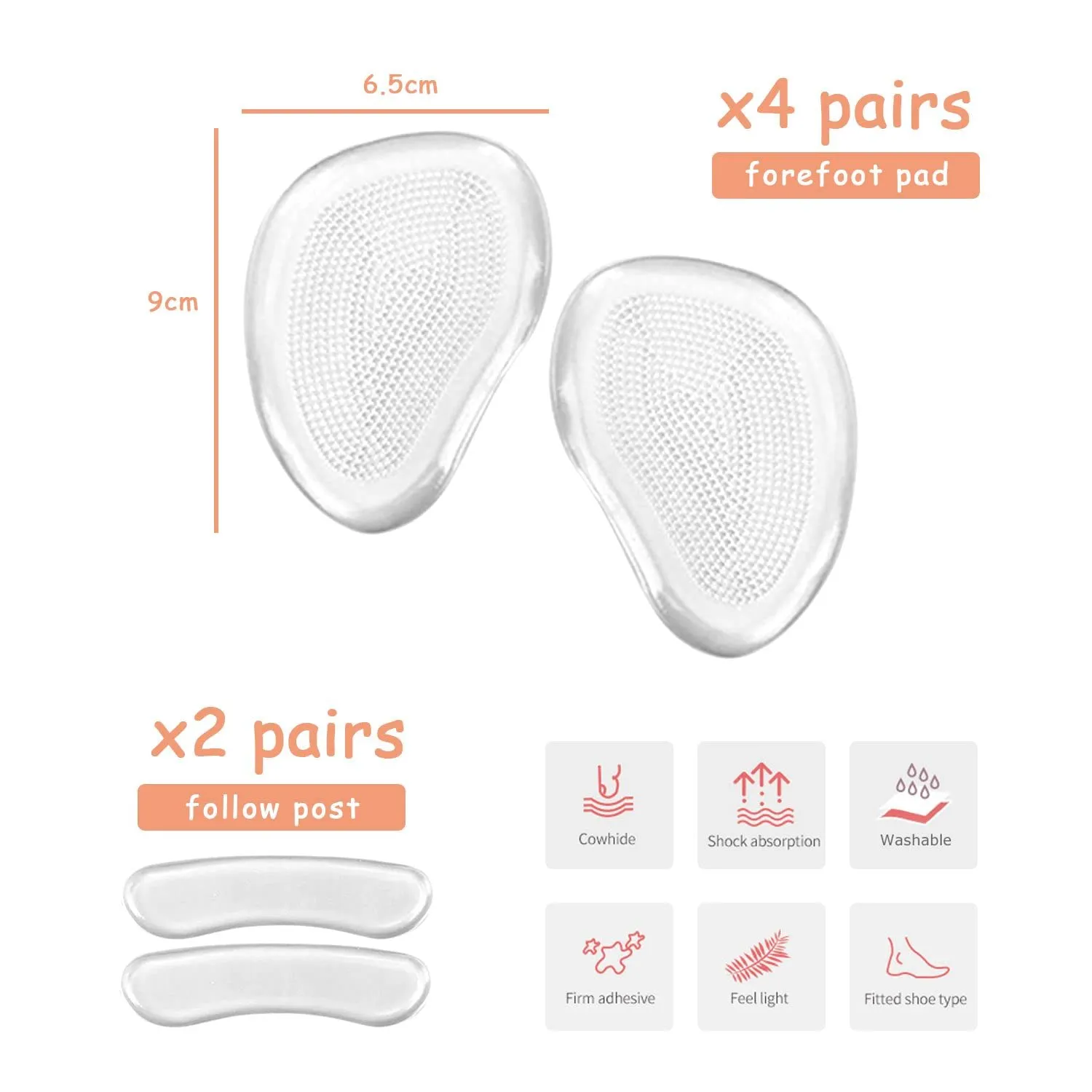4 Pairs of High Heel Insole, Soft Gel Relieve Metatarsal Pain, Non-Slip Clear Gel Insole, Fits Any Shoes