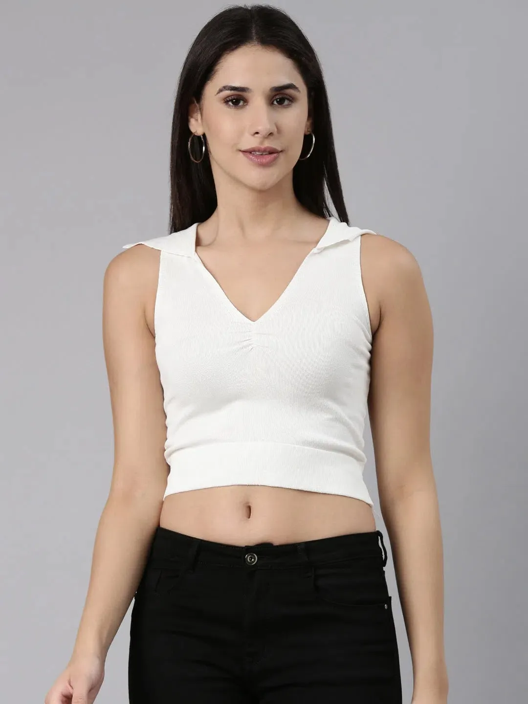 Above the Keyboard Collar Solid White Fitted Crop Top-CHN-0235-White