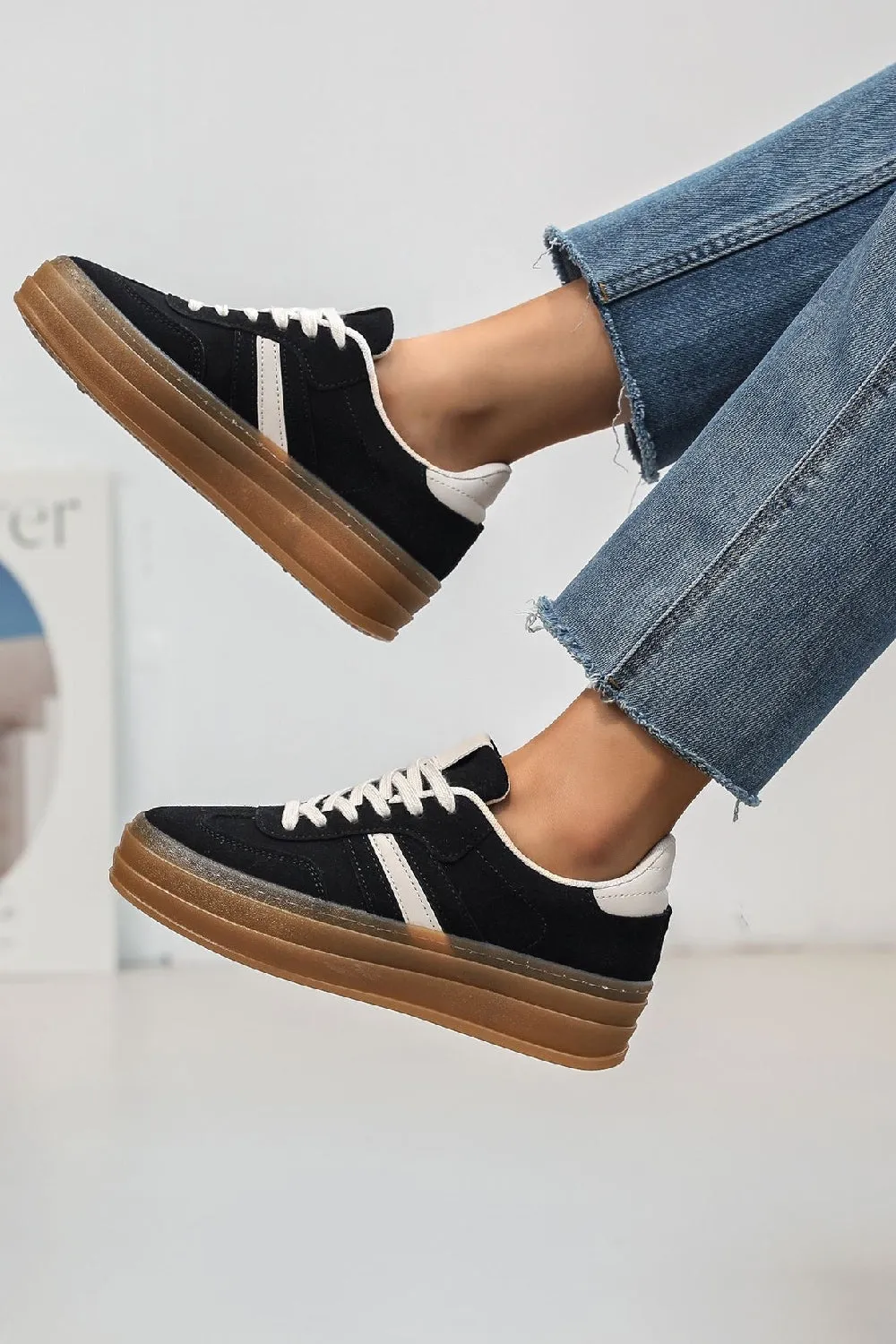 BLACK CHUNKY LACE UP STRIPED SIDE DETAIL DESIGNER TRAINERS