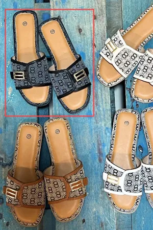 BLACK FLAT SLIP ON DESIGNER TRIM DETAIL SUMMER SLIDES HOLIDAY SANDALS