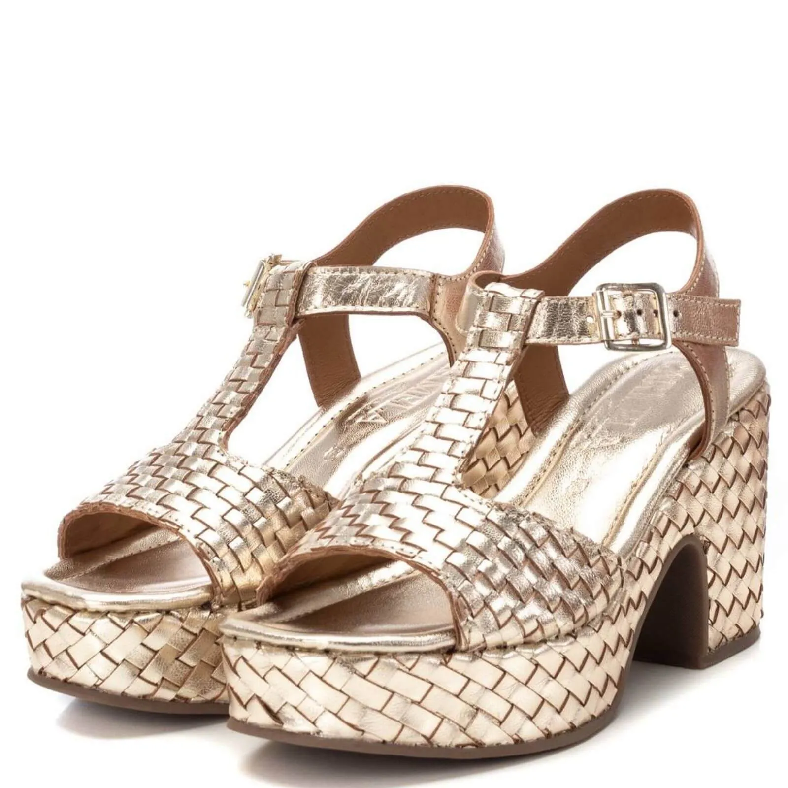 Carmela Gold Woven Leather Wedge Sandals