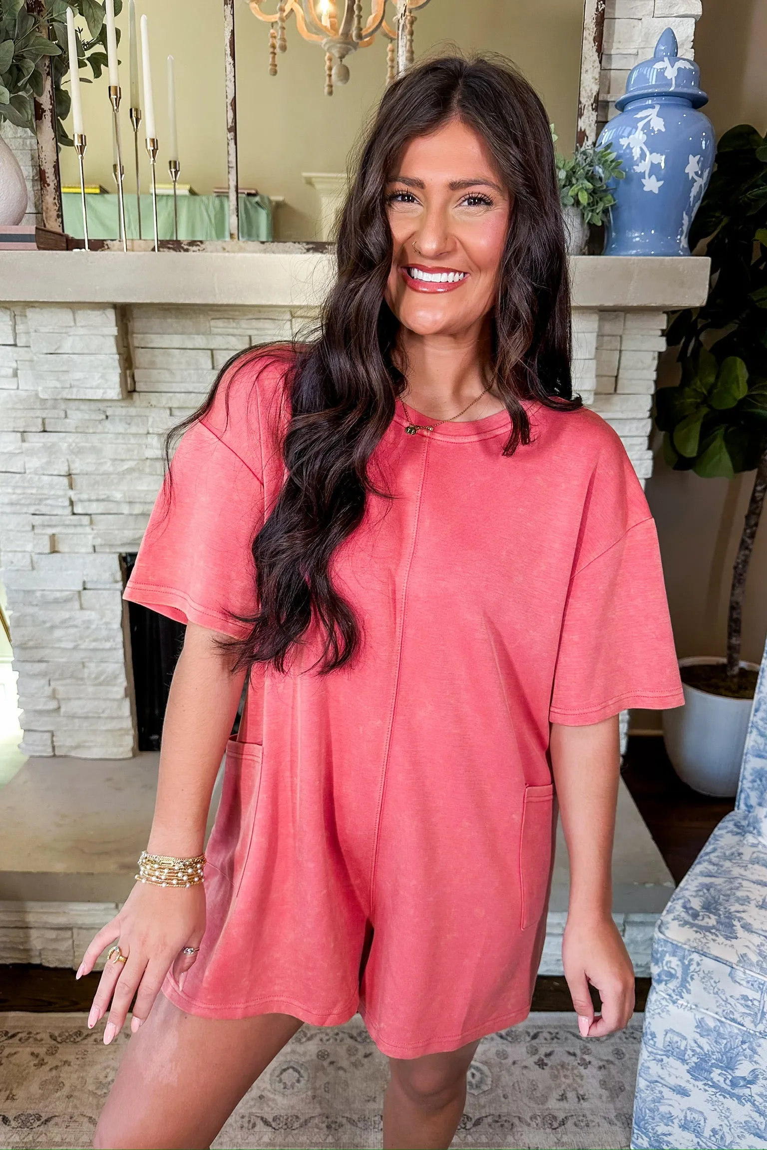Designer Inspired Buttery Soft Mineral Wash Romper in Coral Pink