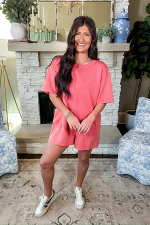 Designer Inspired Buttery Soft Mineral Wash Romper in Coral Pink