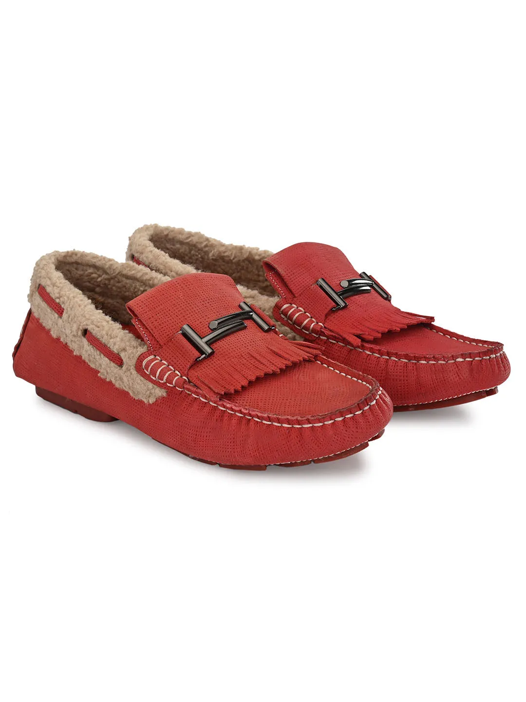 HITZ300 Men's Red Leather Casual Slip-On Shoes