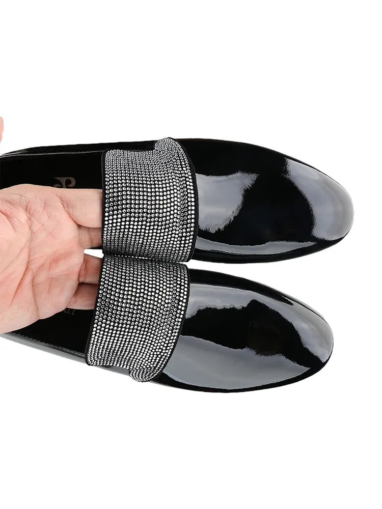 Luxury brand's same style black patent leather handmade pavé silver diamond men's versatile loafers for men