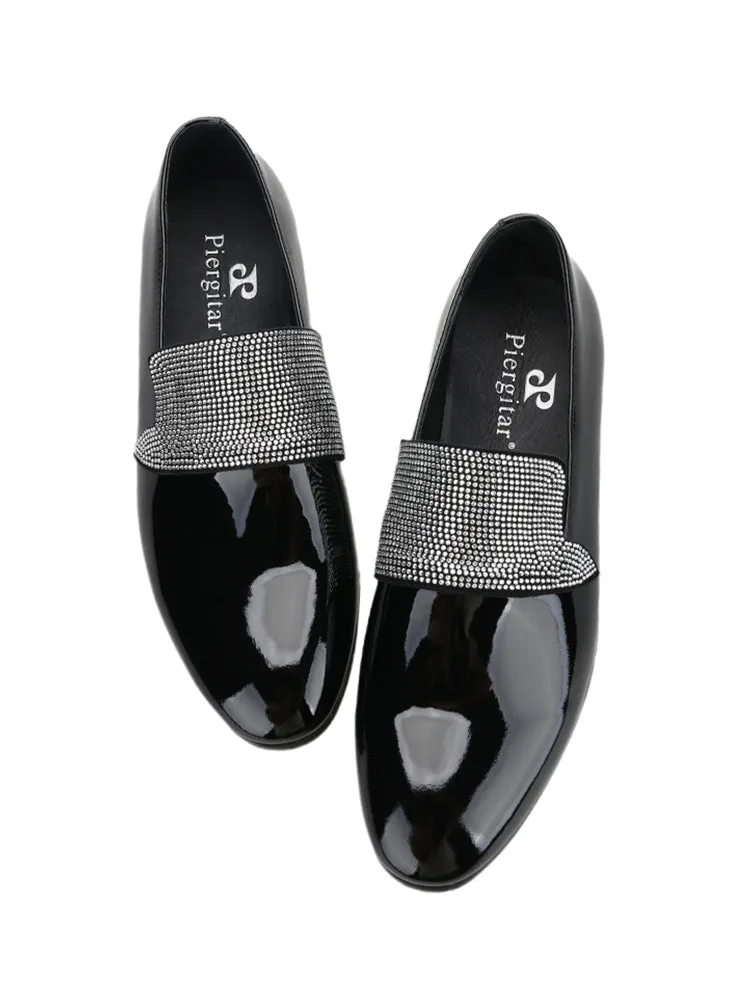 Luxury brand's same style black patent leather handmade pavé silver diamond men's versatile loafers for men