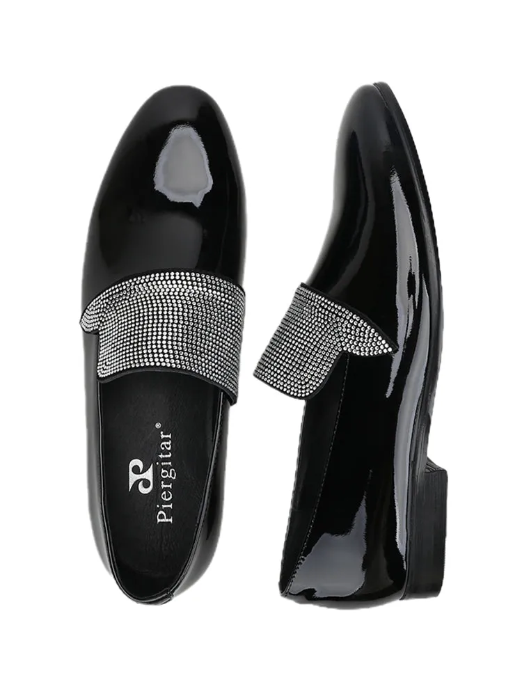 Luxury brand's same style black patent leather handmade pavé silver diamond men's versatile loafers for men
