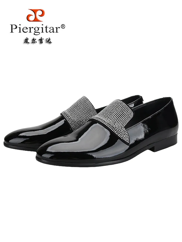 Luxury brand's same style black patent leather handmade pavé silver diamond men's versatile loafers for men