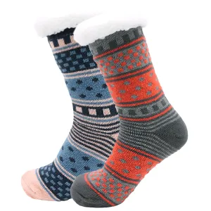 Pack of 2 Women's Fur Lined Chunky Slipper Socks Soft Warm & Cozy Winter Non-Slip Knitted Lounge Bed Socks by Socks Stack.
