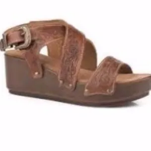 Roper Diva Tan Tooled Leather Cross Strap Wedge Sandal