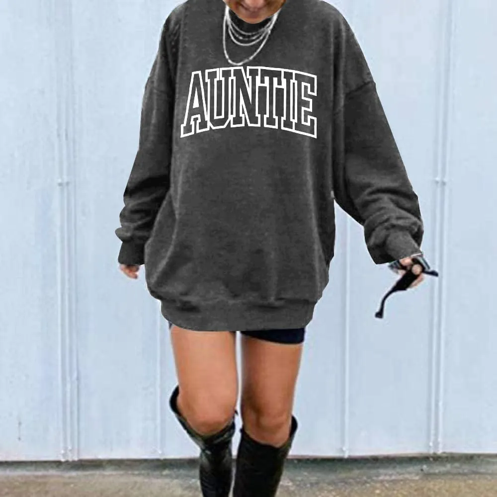 Womens Aunt Sweatshirt Cool Aunt Crewneck Sweatshirt Auntie Letter Print Long Sleeve Pullover Top