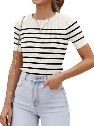 ZESICA Women's Short Sleeve Crewneck Striped T Shirt 2025 Summer Ribbed Knit Slim Fit Casual Basic Tee Tops