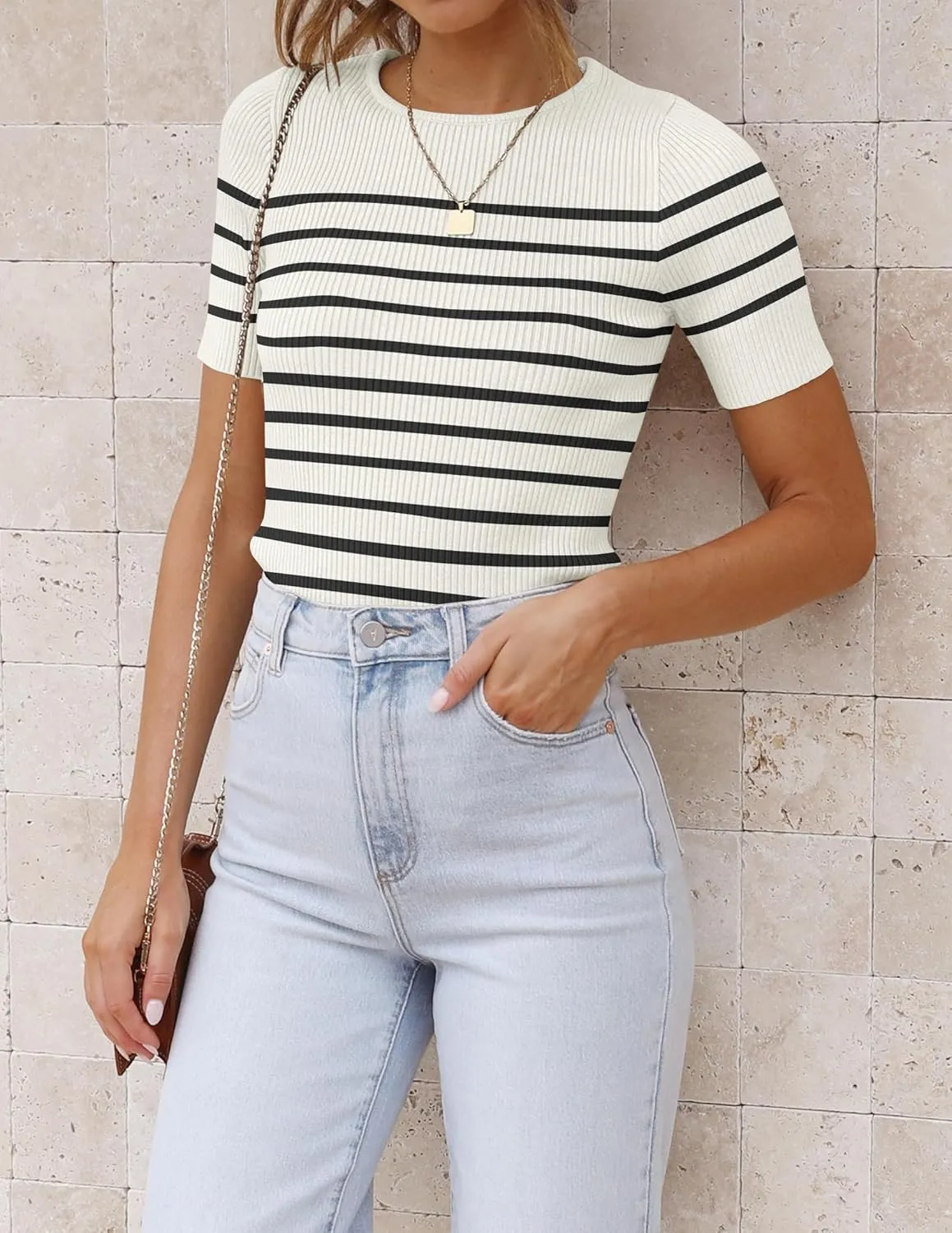 ZESICA Women's Short Sleeve Crewneck Striped T Shirt 2025 Summer Ribbed Knit Slim Fit Casual Basic Tee Tops